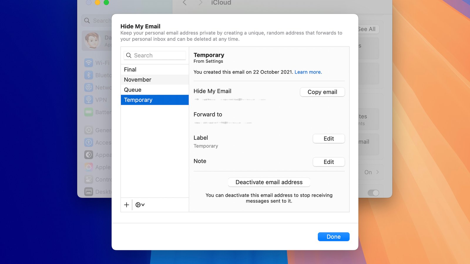 screenshot of 'hide my email' feature