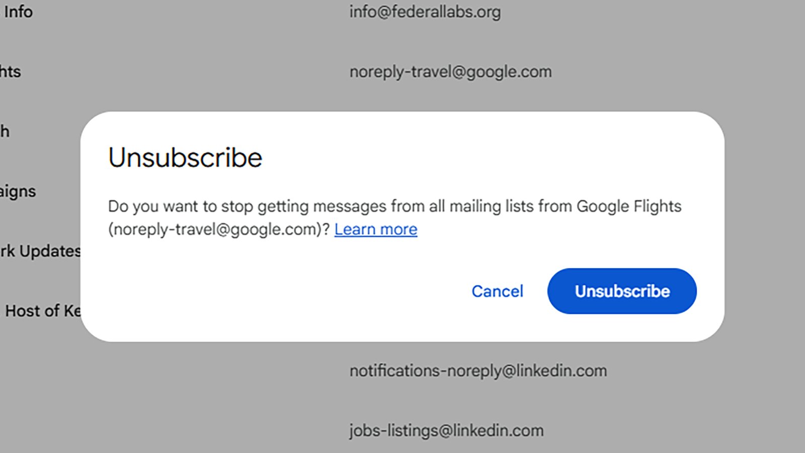 screenshot of 'unsubscribe' option in gmail