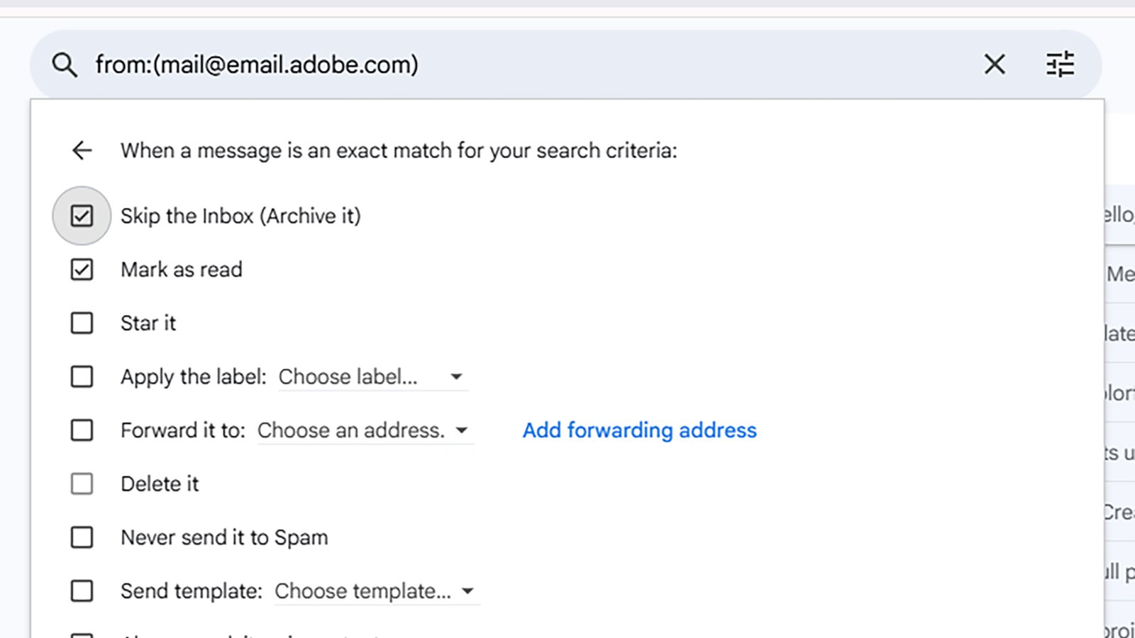 screenshot of options in gmail