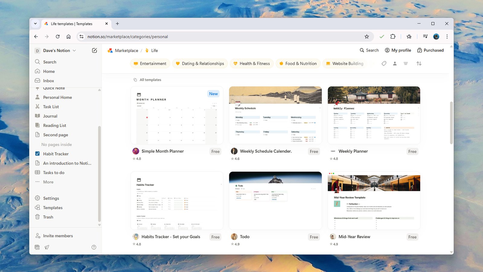 template options in notion