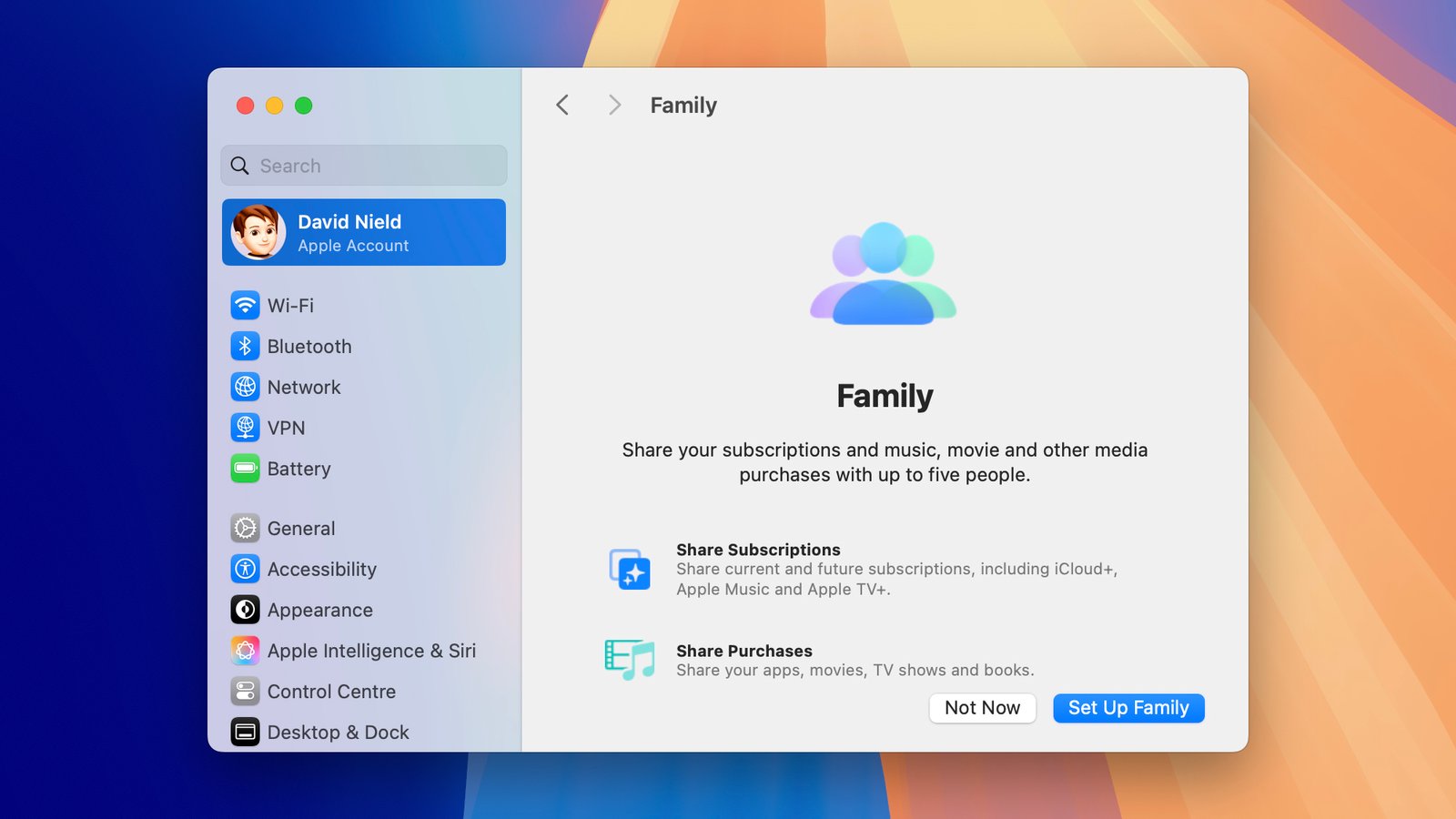 screenshot of family sharing options