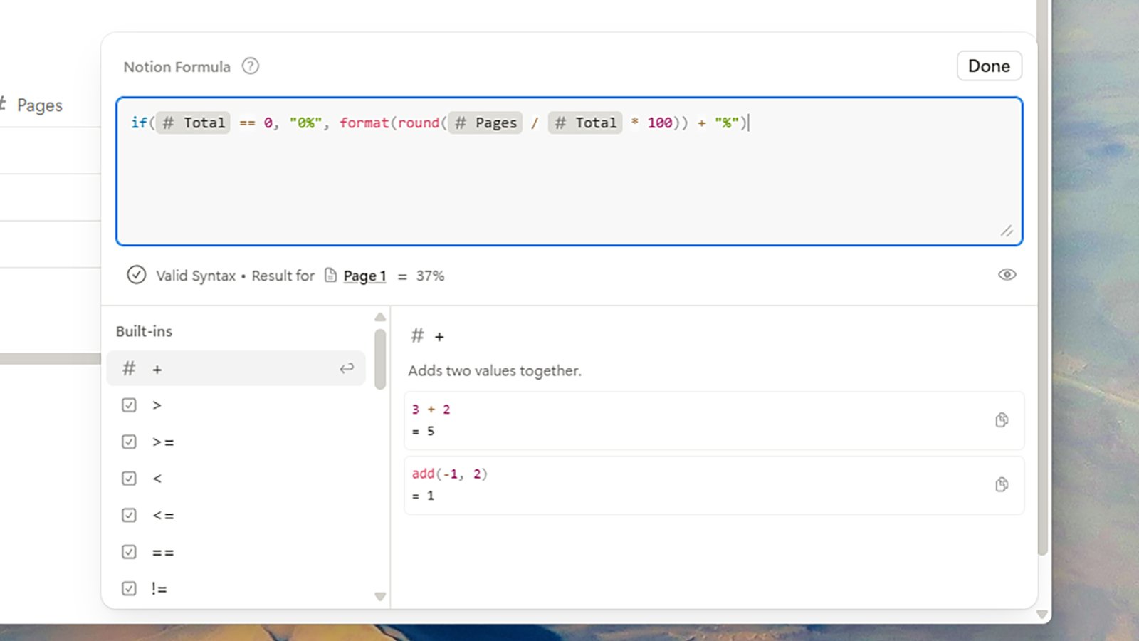 formula options in notion