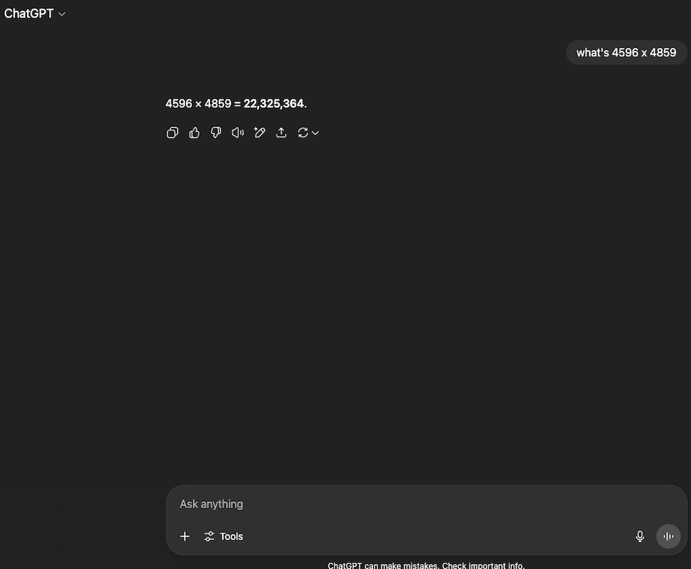 Screenshot of ChatGPT giving the wrong answer to a multiplication problem
