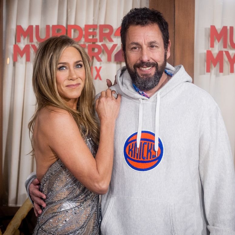 Jennifer Aniston and Adam Sandler attend the Los Angeles premiere of Netflix's 'Murder Mystery 2' at Regency Village Theatre on March 28, 2023 in Los Angeles, California
