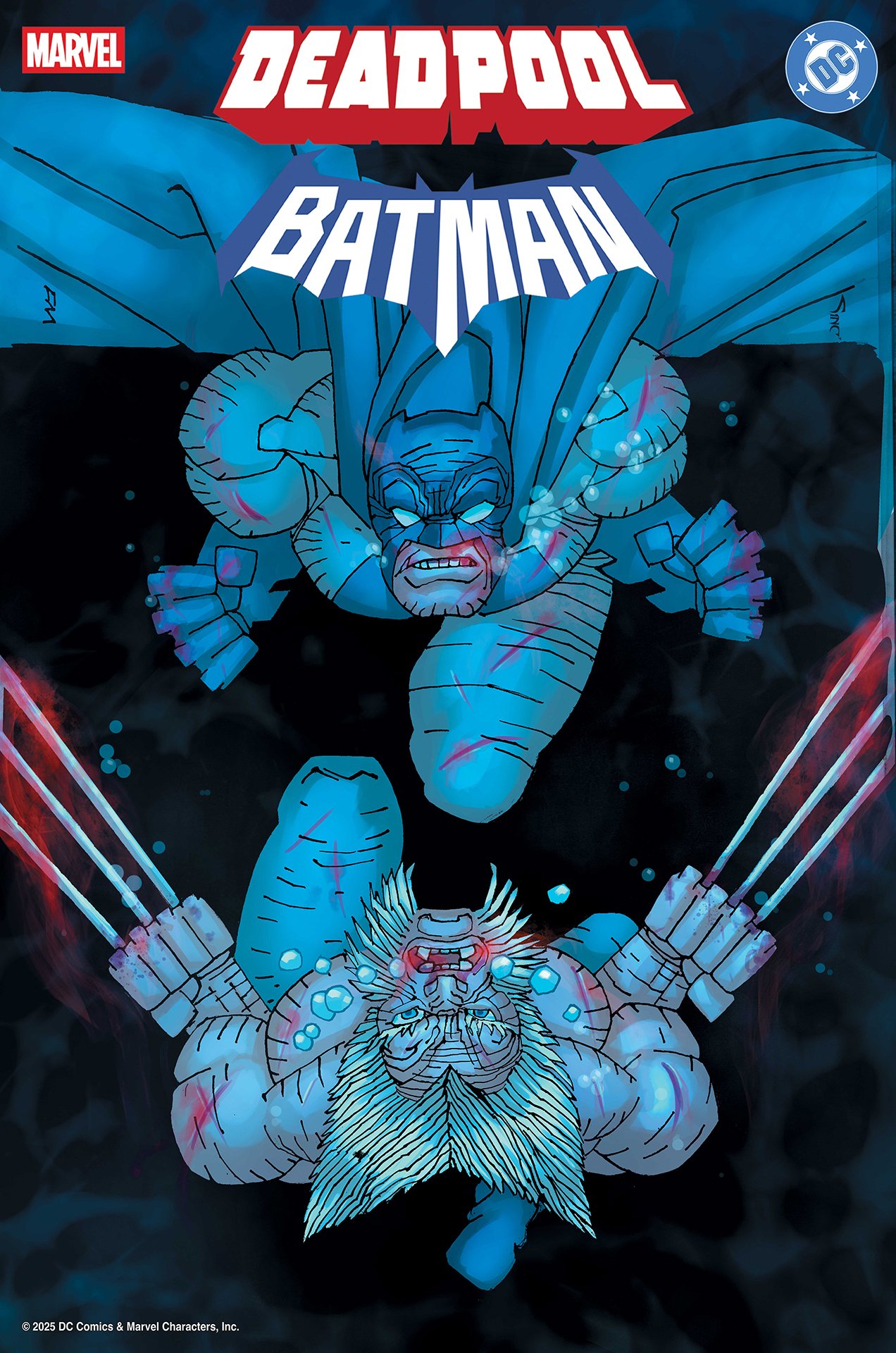 Frank Miller's variant cover for Deadpool/Batman #1 showing his Dark Knight Batman facing off with Old Man Logan Wolverine
