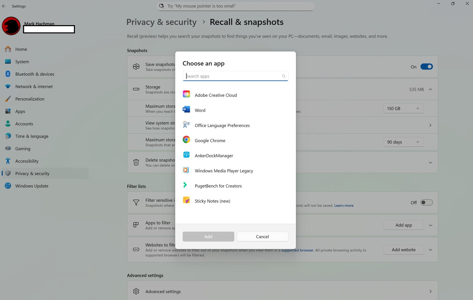 Microsoft Recall app blocking