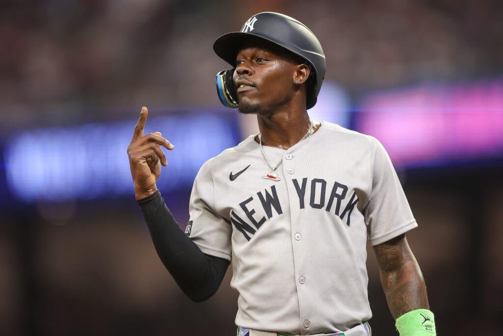 Jul 19, 2025; Atlanta, Georgia, USA; New York Yankees second baseman Jazz Chisholm Jr. (13) on third base against the Atlanta Braves in the sixth inning at Truist Park. Mandatory Credit: Brett Davis-Imagn Images