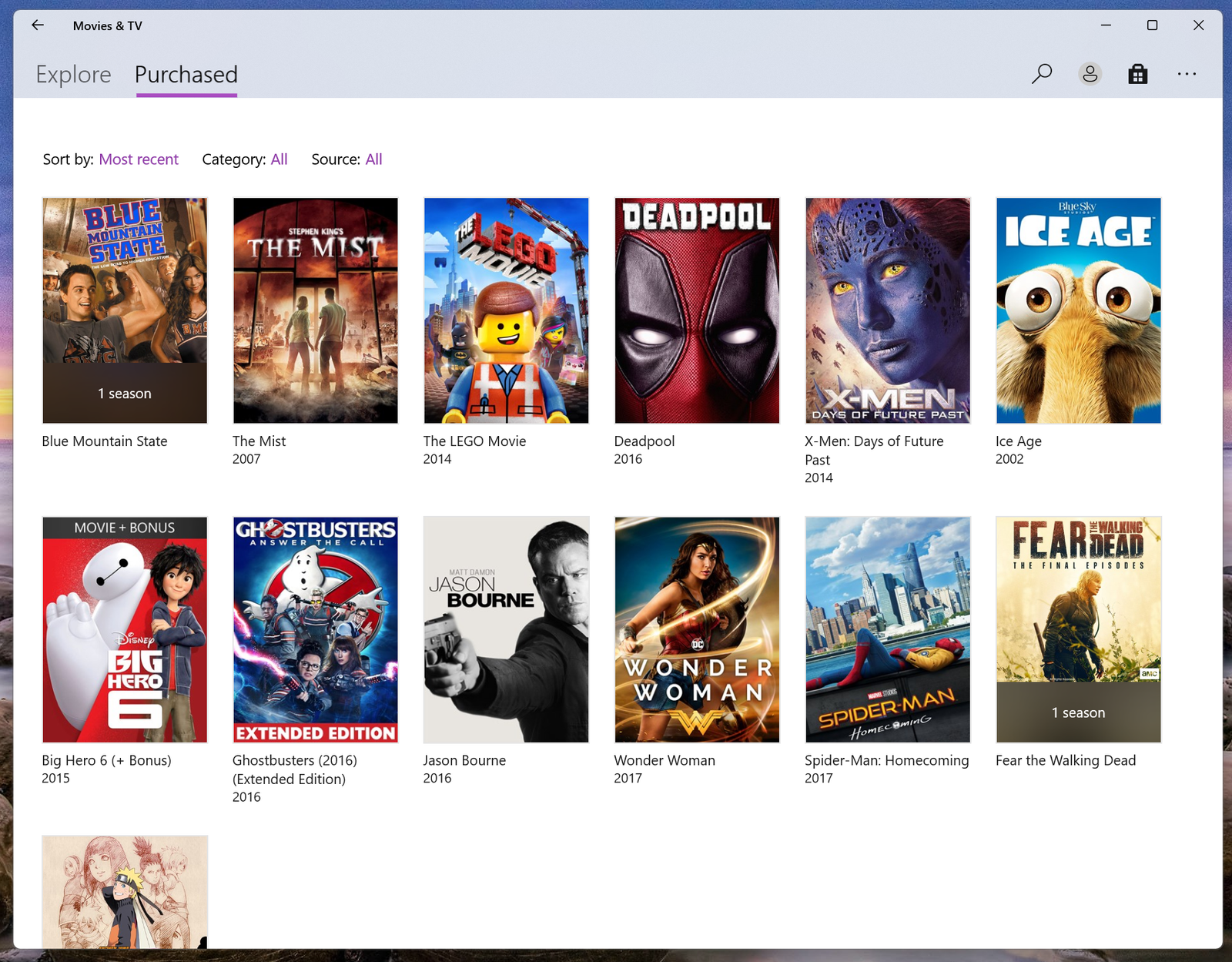 Microsoft Movies and TV app with purchased movies