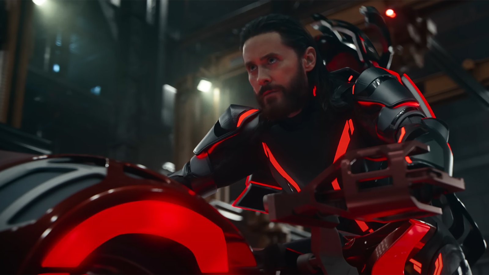 Ares (Jared Leto) riding a lightcycle in Tron: Ares