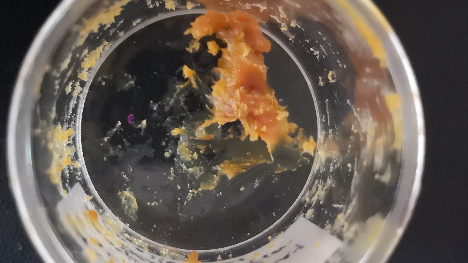 a orange substance sits at the bottom of a plastic cup