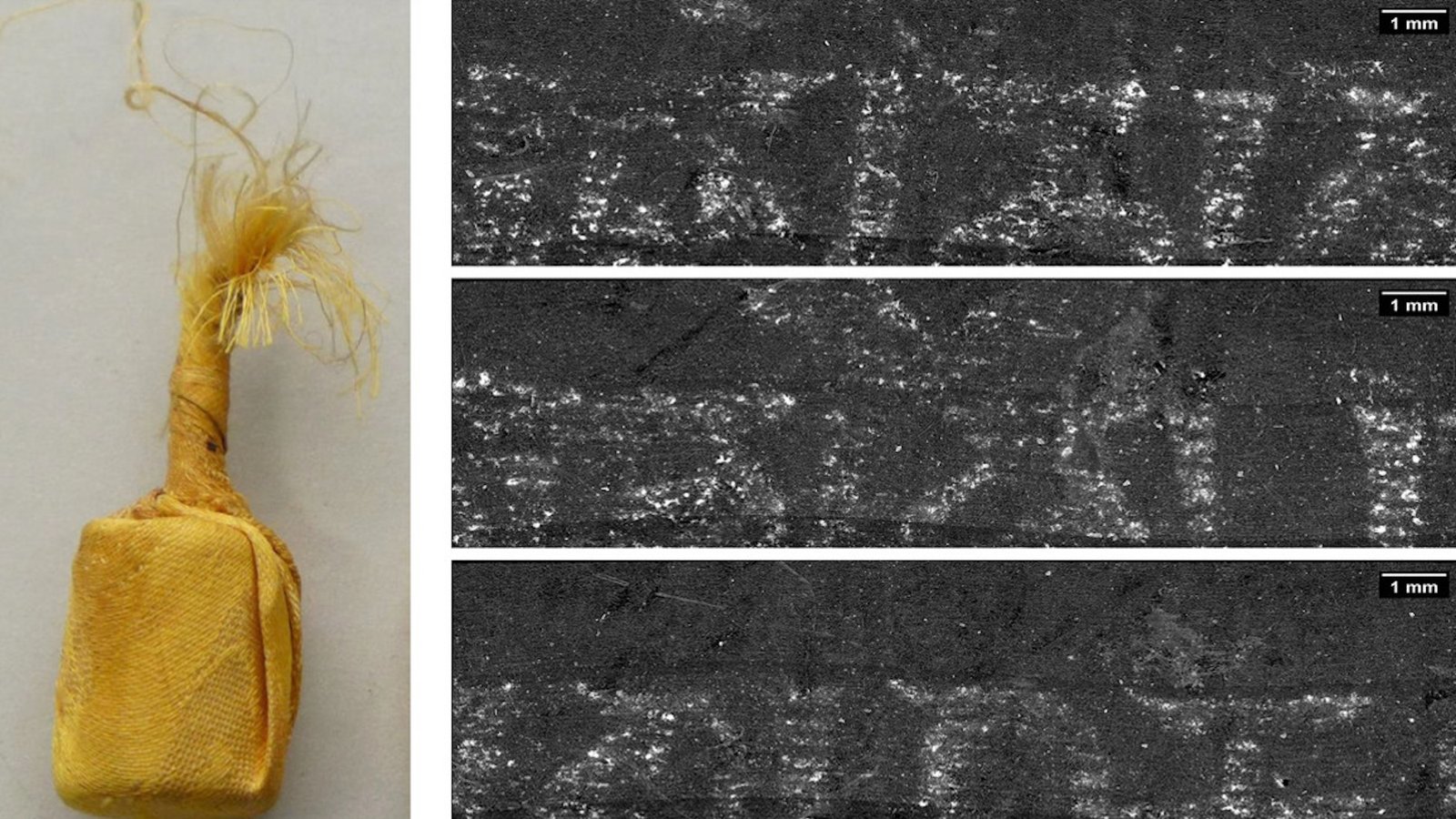 Tibetan Buddhist pray scroll next to three examples of its X-ray scans