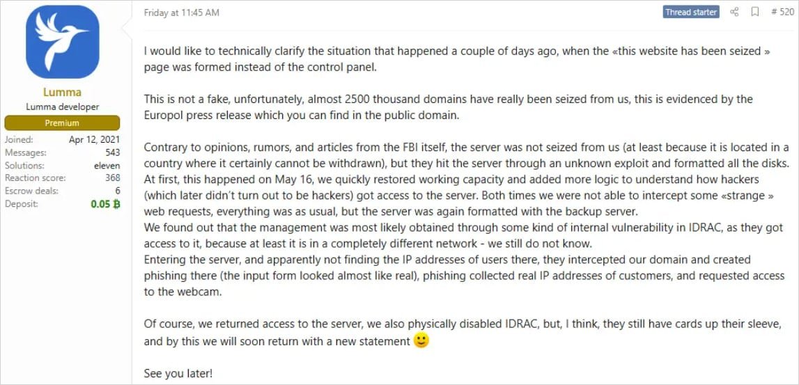 Lumma admin's first message after the law enforcement action