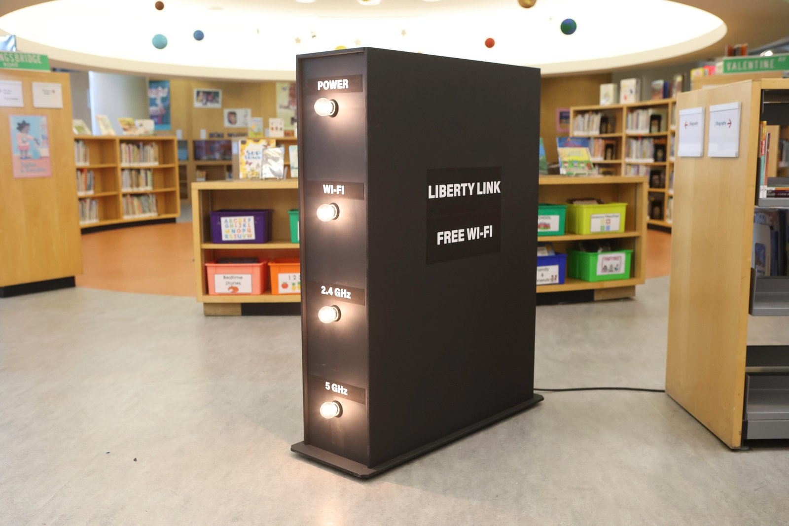 Liberty Link free Wi-Fi display in a library.