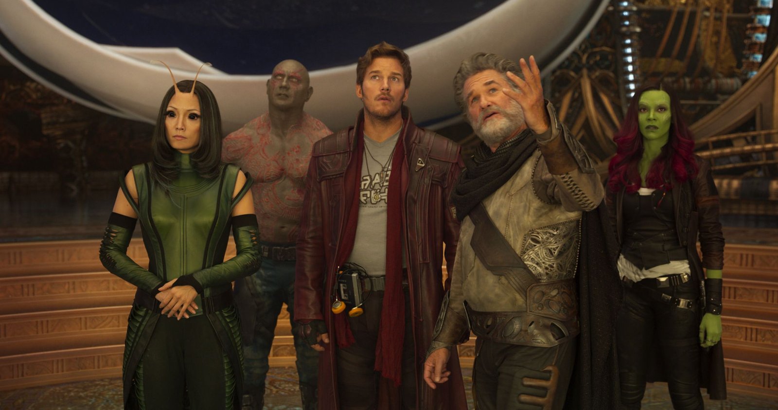 guardians of the galaxy vol 2l to r mantis pom klementieff, drax dave bautista, star lordpeter quill chris pratt, ego kurt russell and gamora zoe saldanaph film frame©marvel studios 2017