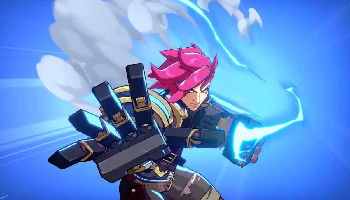 Vi with vibrant pink hair and a determined expression extends a gloved hand, generating bright blue energy against a dynamic blue background