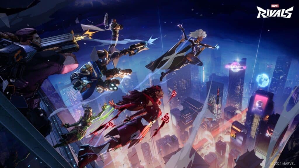 Marvel Rivals Esports character roster over Shin-Shibuya, Tokyo-2099