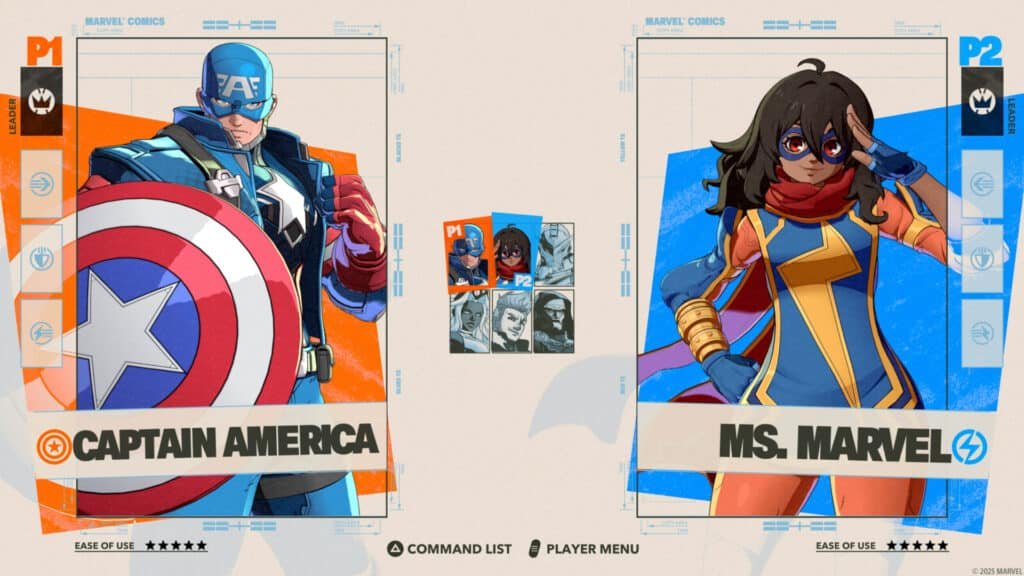 Marvel Tōkon Fighting Souls Evo 2025 character select screen featuring Captain America and Ms. Marvel.