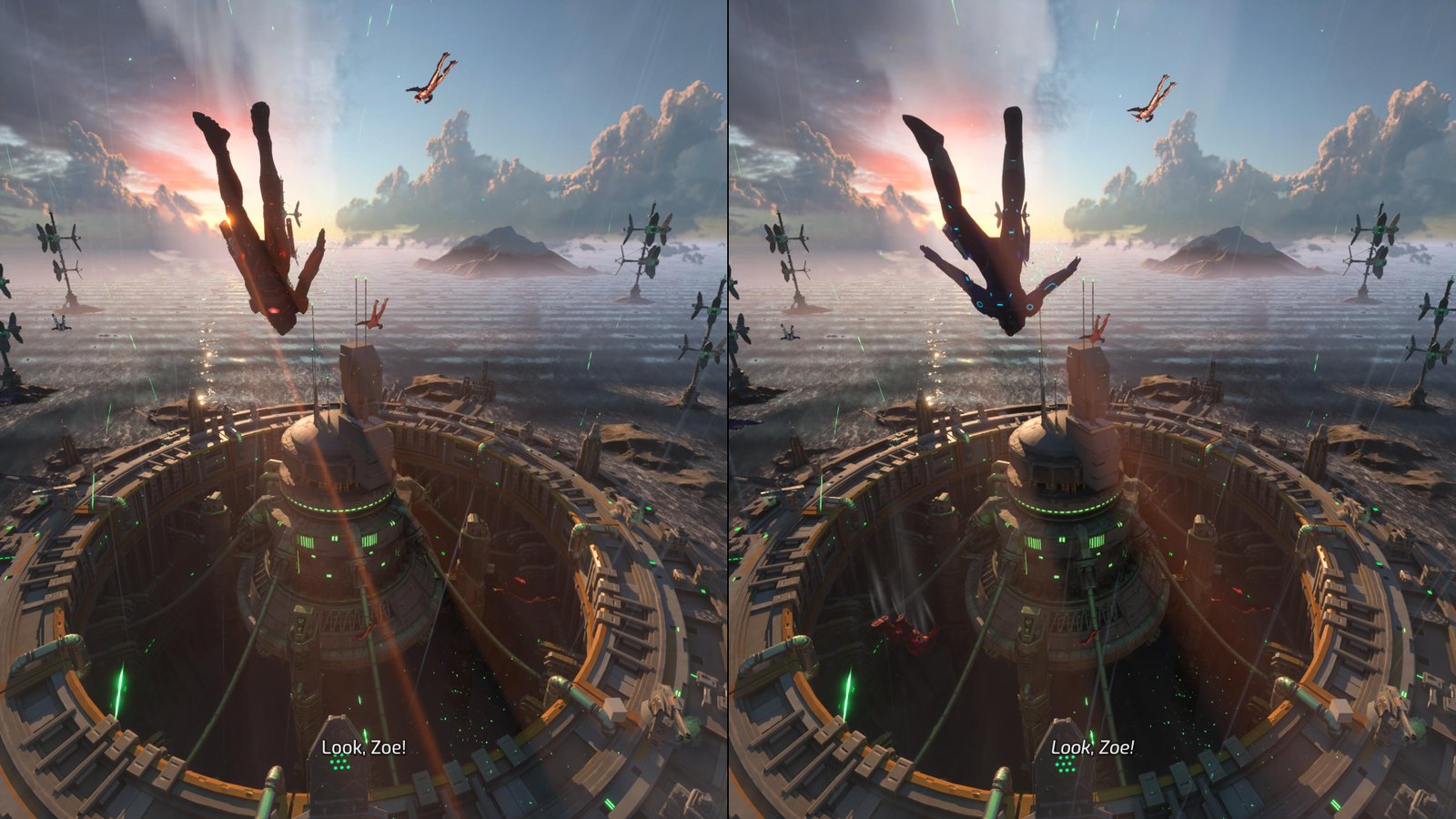 Two women fall through the sky in mech suits in Split Fiction.