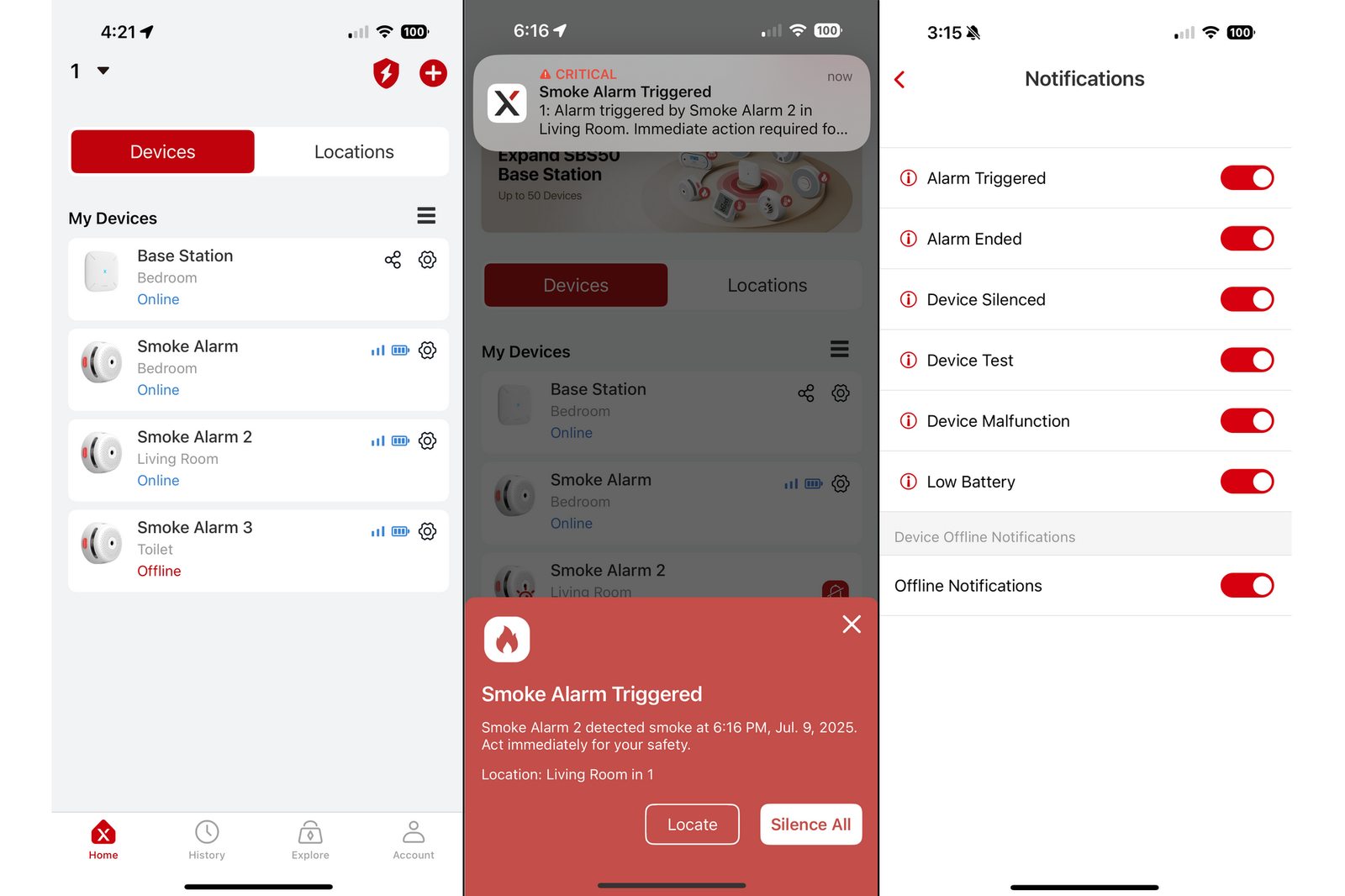X Sense FS31 smoke alarm system app screenshots
