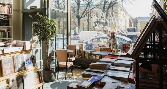a brightly lit bookstore interior