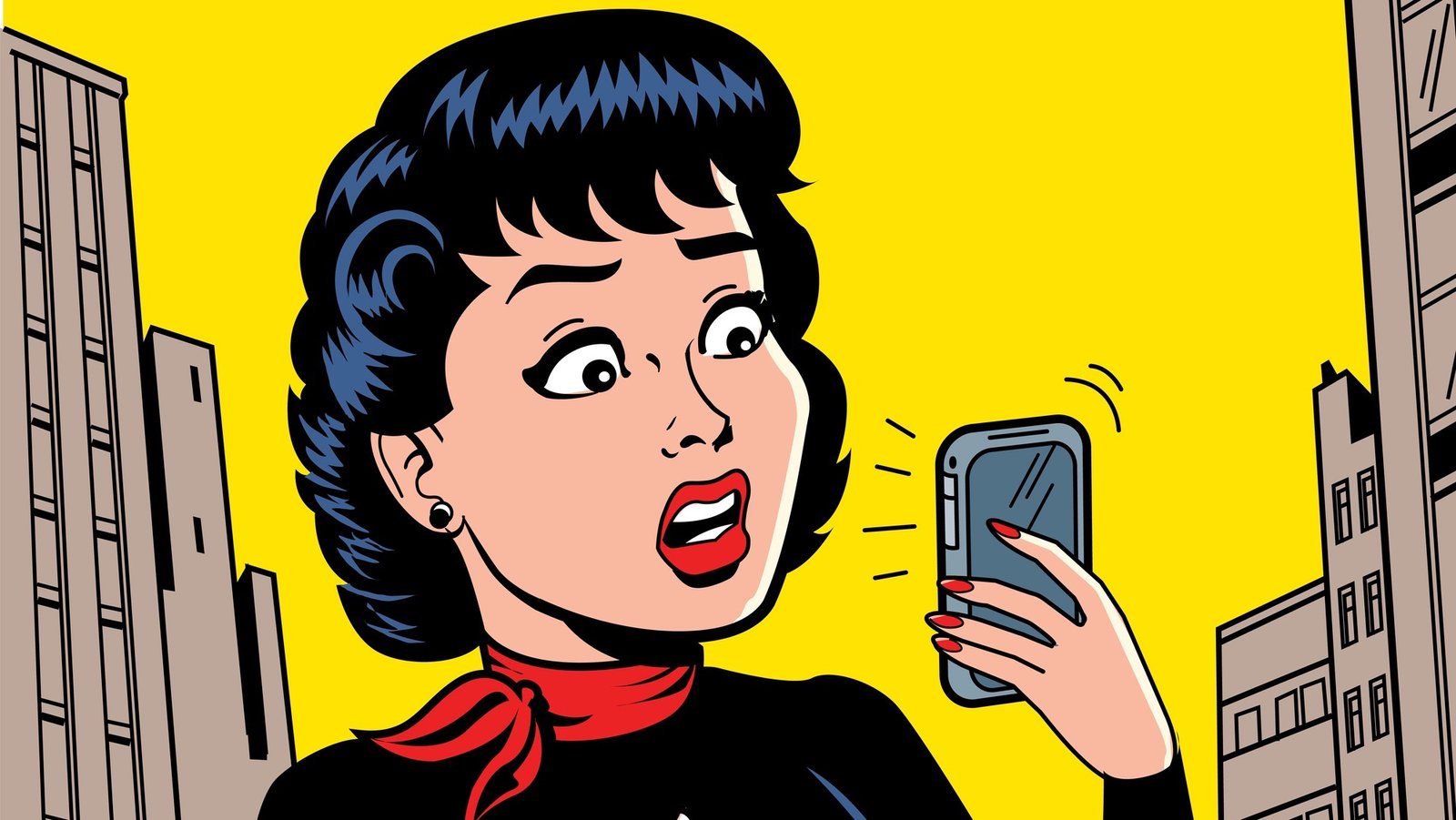 Ironic Satirical Illustration of a Retro Classic Comics Woman With a Modern Smartphone