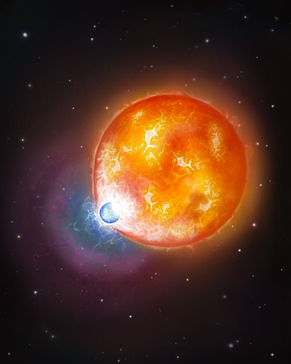 Illustration of a merger of a white dwarf with sub-giant star (size not to scale) that would have occurred in past. Image credit: Snehalata Sahu / University of Warwick.