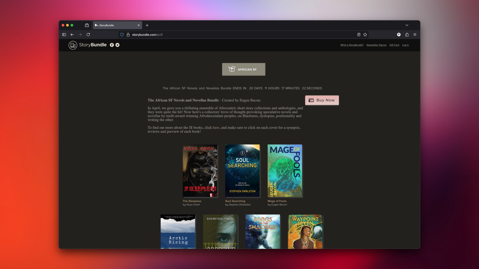 Storybundle's homepage showing an African sci-fi ebook bundle.