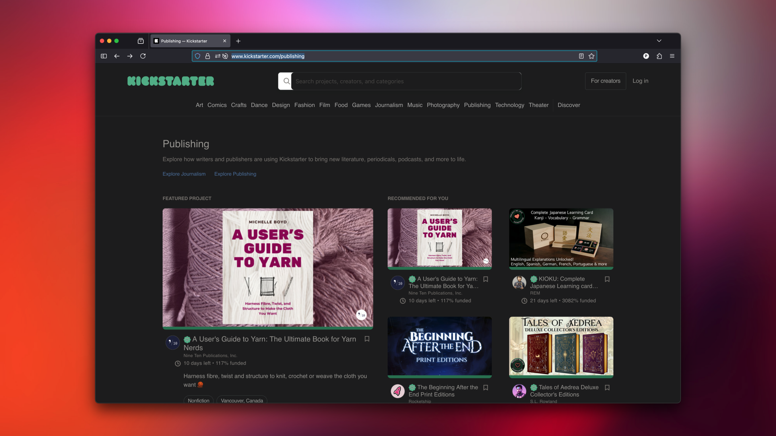 Kickstarter's publishing section.