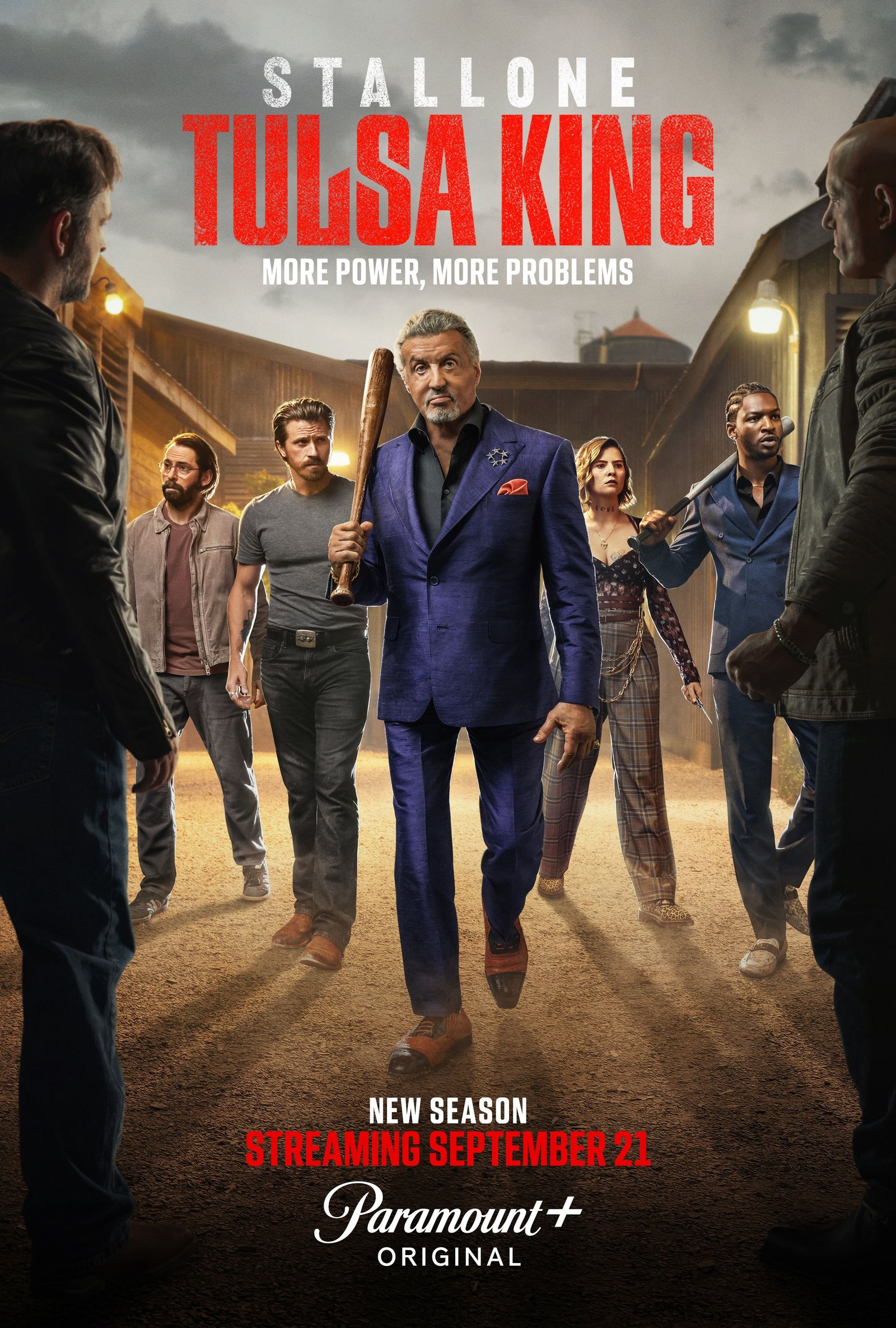 martin starr as bodhi, garrett hedlund as mitch, sylvester stallone as dwight manfredi, mckenna quigley harrington as grace and jay will as tyson in season 5 key art for the paramount+ original series tulsa king. photo credit: art streiber/paramount+. ©2025 viacom international inc. all rights reserved.