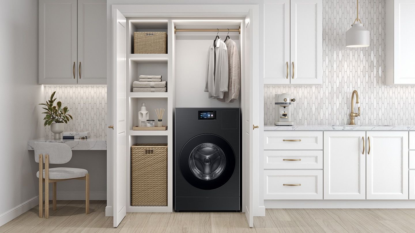 a sleek washer/dryer unit in a laundry nook