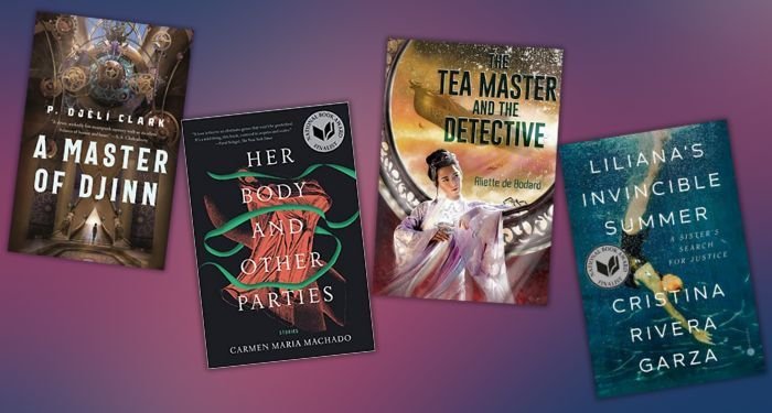 four covers of genre-blending books: A Master of Djinn, Her Body and Other Parties, The Tea Master and the Detective, and Liliana's Invincible Summer