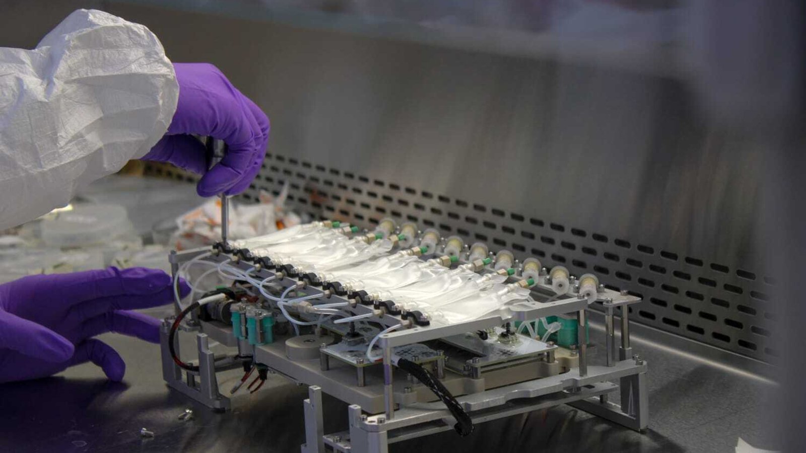 Hands wearing purple latex gloves handle various metal pieces of equipment and laboratory vials as part of a scientific study.