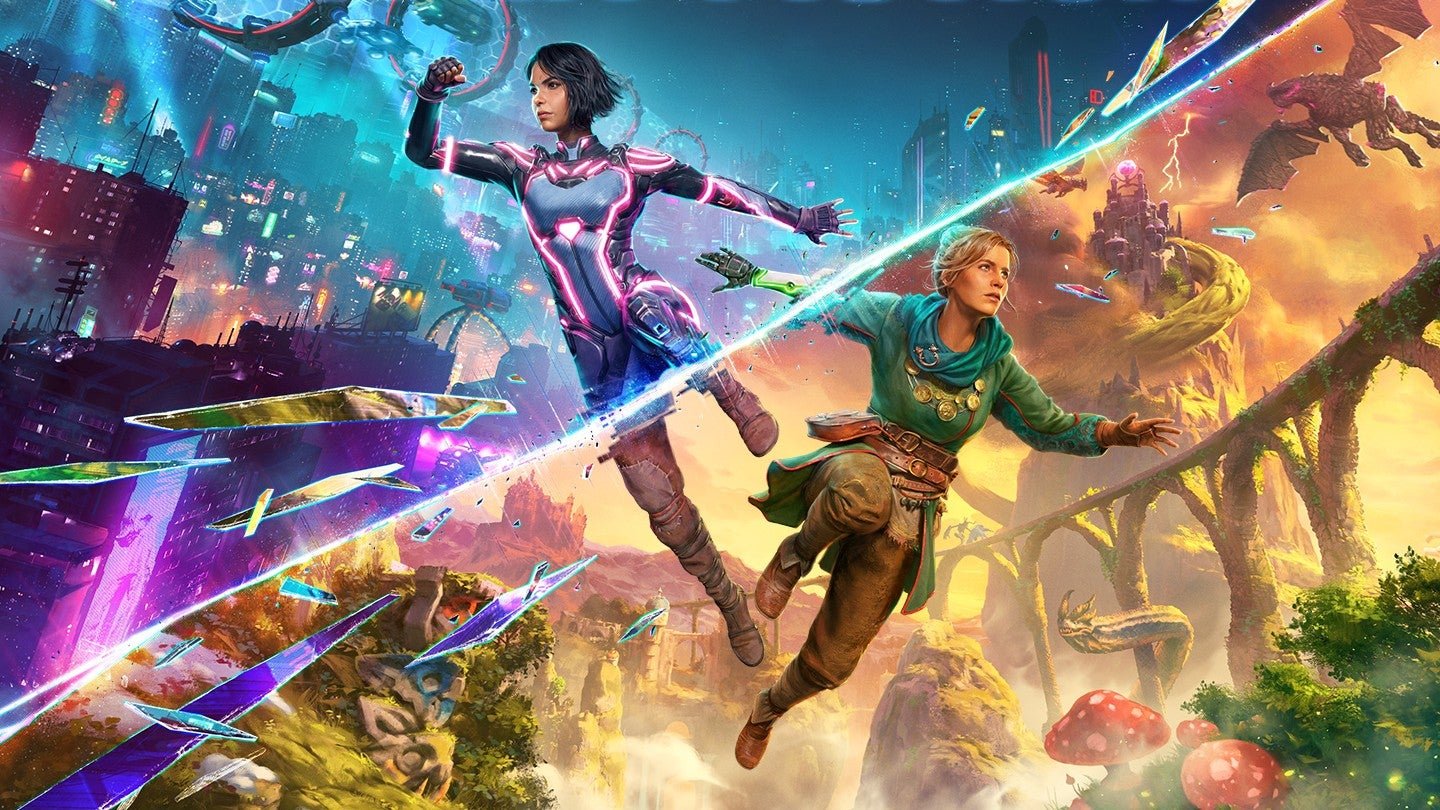 Two female characters, the leads in Split Fiction, are seen inside two different worlds at once - fantasy and sci-fi.
