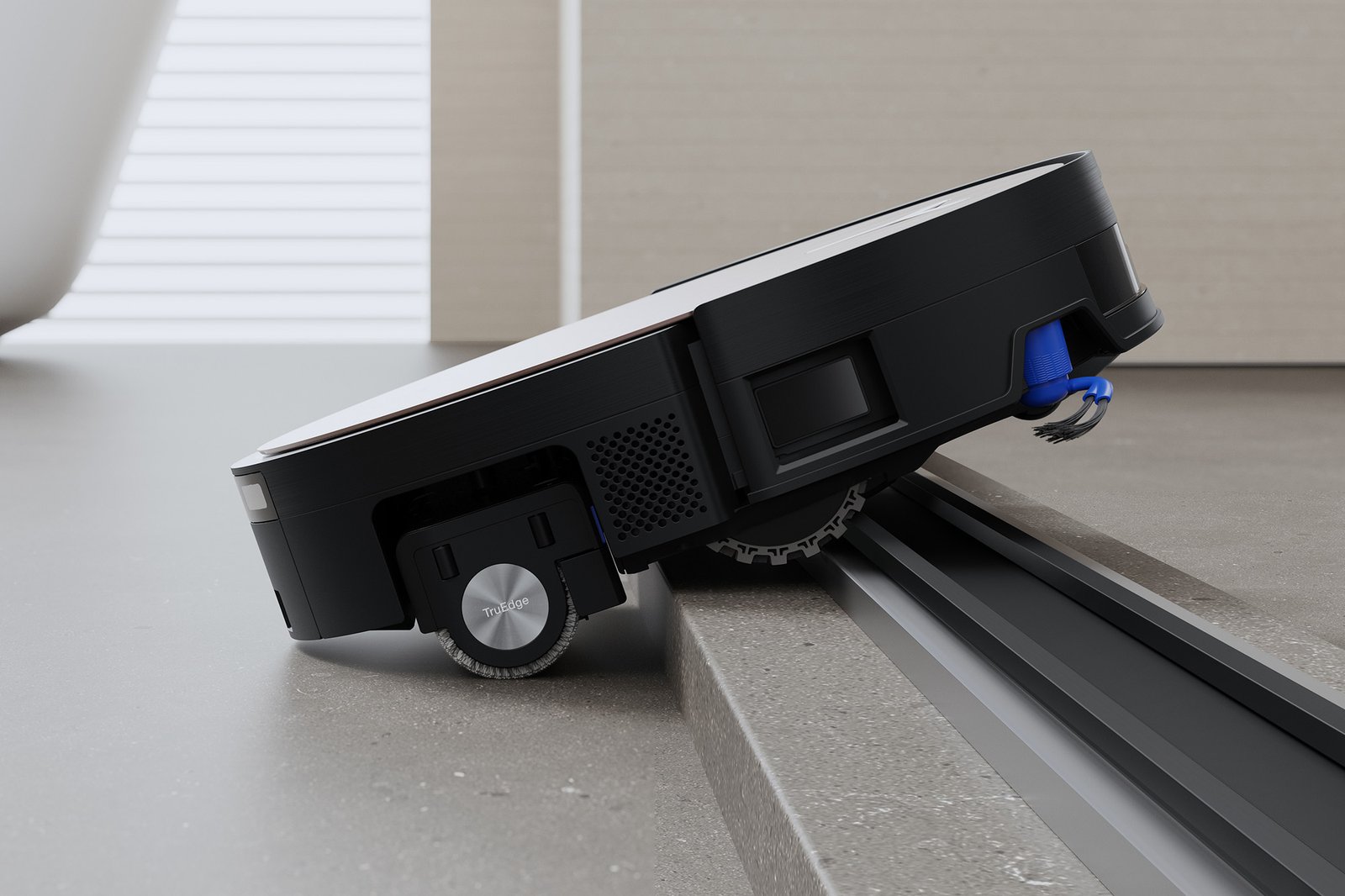 Black ECOVACS DEEBOT X11 OMNICYCLONE robot cleaner render going up grey stairs
